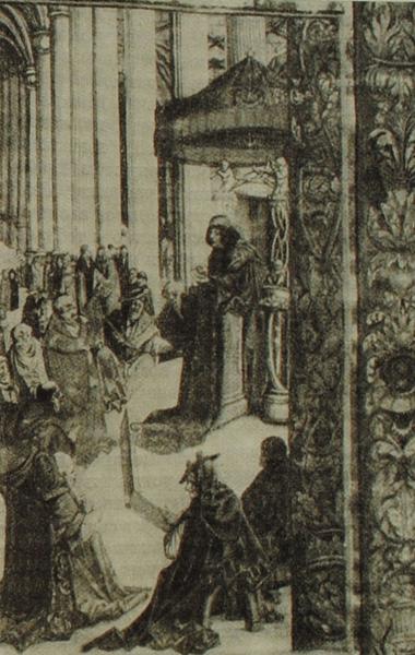 Ян Гус защищает своё учение на Констанцском соборе. Литомержицкий канционал 1511—1514 гг.