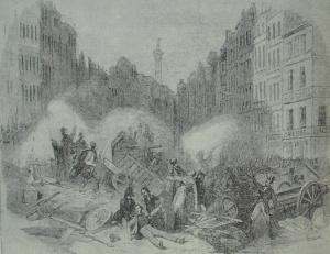 Баррикада в Сент-Антуанском предместье Парижа 3 декабря 1851 г. Гравюра 1852 г.