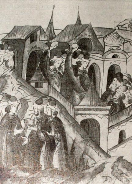 Восстание в Москве в 1547 году. Миниатюра из Лицевого летописного свода. XVI век. (Перерисовка)