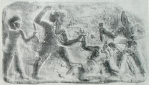 Гильгамеш и Энкиду убивают Хумбабу. Терракотовый рельеф. Начало II тисячелетия до н.э.