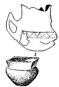 Рис. 117. 1 — сосуд из свайной постройки в Поладе (1/4); 2 — неолитический горшок с квадратным горлышком из Арене Кандиде (1/6).