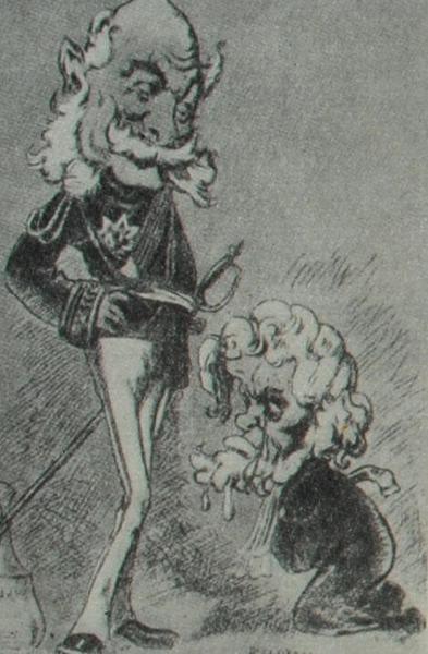 Министр иностранных дел версальского правительства Жюль Фавр взывает о помощи к Вильгельму I . Карикатура Ж. Пилотеля.