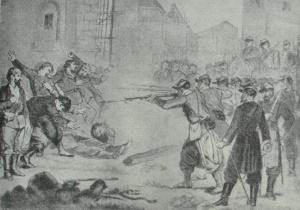 Расстрел коммунаров на одной из парижских улиц. Рисунок. 1871 г.