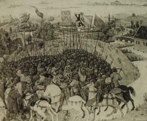 Миниатюра Симона Мармиона из рукописи "большие французские хроники" (битва при Бувине, 1214 г.). XV в.
