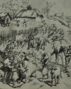 Башибузуки отбирают скот у сербских крестьян. Гравюра. 1876 г.