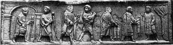 Колоны, несущие оброк землевладельцу. Рельеф надгробного памятника семьи Секунриев в Игеле, около Трира. III в. н. э.