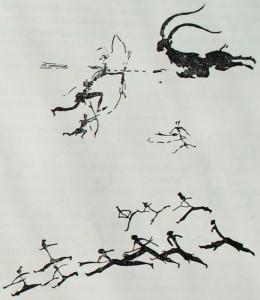 Рисунки в скальных навесах испанского Леванта. Сцена охоты на горного козла и группа бегущих воинов.