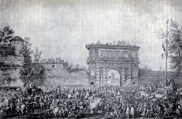 Вступление французской армии в Милан в 1796 г. Гравюра Ж. Дюплесси-Берто по рисунку К. Верне.
