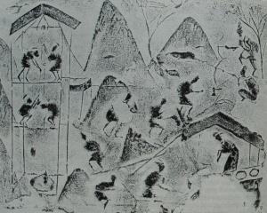 Добыча каменной соли. Рельеф на кирпичах из ханьского могильного склепа в районе города Чэнду (провинция Сычуань). Около I в. н.э. 