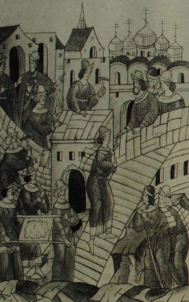 Постройка каменного Кремля в Москве в 1391 г. Миниатюра из «Лицевого летописного свода». XVI в.