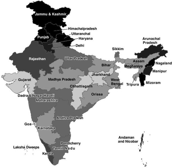 ​Карта комплектования индийской армии по штатам. Чем темнее штат на карте, тем больший процент его мужского боеспособного населения служит в армии - Раджпуты, маратхи, джаты… | Военно-исторический портал Warspot.ru
